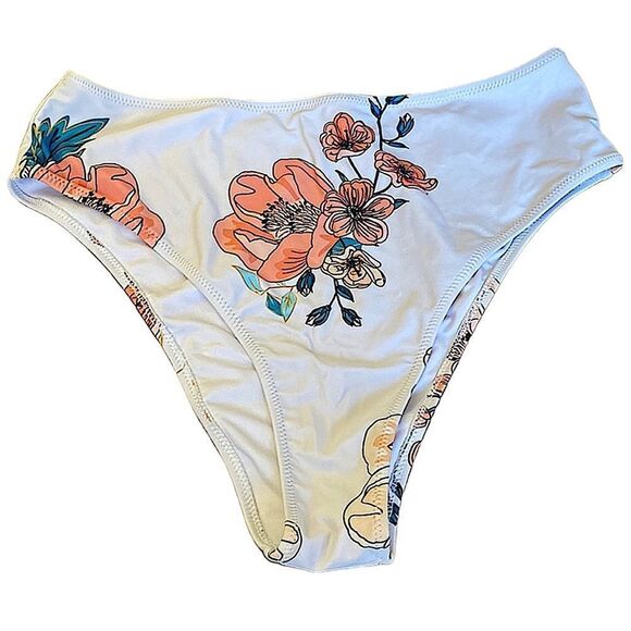 High waisted French cut bikini bottom . Lined white w/ peach & turq floral XL - Picture 1 of 7